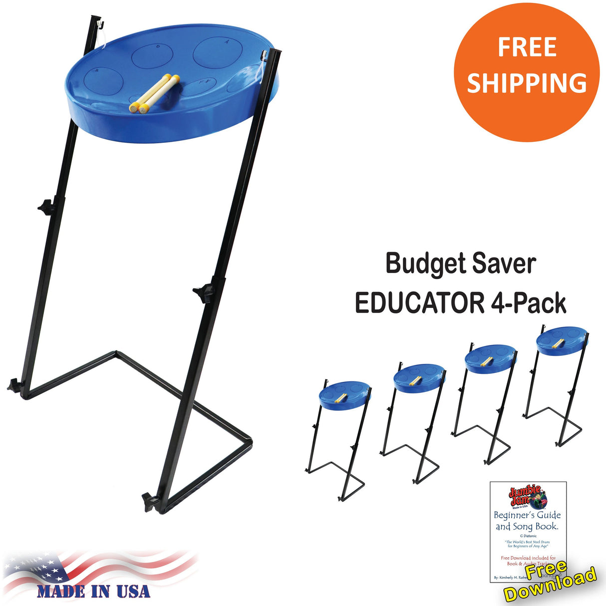 Panyard Jumbie Jam Steel Drum Educators 4-Pack - Metal Z-Floor Stands - Blue Pans