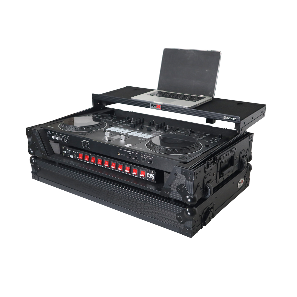 ProX XS-DDJREV5 WLTBL LED ATA Flight Style Road Case For Pioneer DDJ-REV5 DJ Controller with Laptop Shelf 1U Rack Space Wheels and LED Black Finish