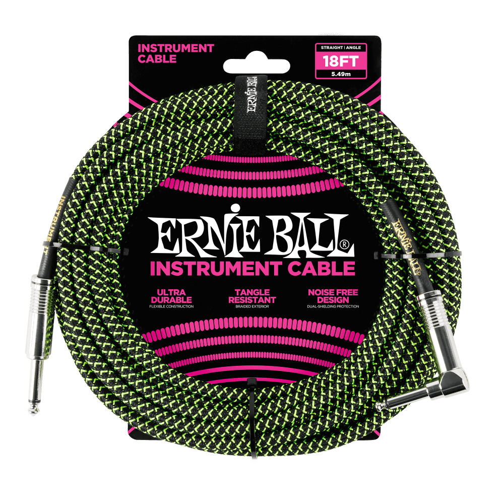 Ernie Ball P06082 Braided Straight to Right Angle Instrument Cable - 18-Foot Black / Green
