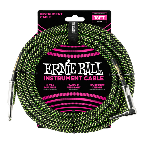 Ernie Ball P06082 Braided Straight to Right Angle Instrument Cable - 18-Foot Black / Green