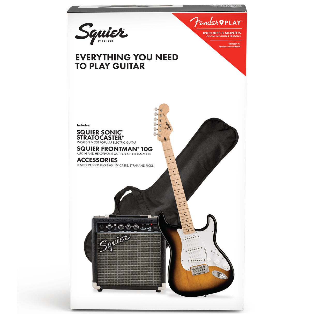 Squier Sonic Stratocaster Pack, Maple Fingerboard, 2-Color Sunburst, Gig Bag, 10G Amplifier - New