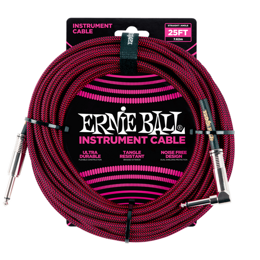 Ernie Ball P06062 Braided Straight to Right Angle Instrument Cable - 25-Foot Black Red