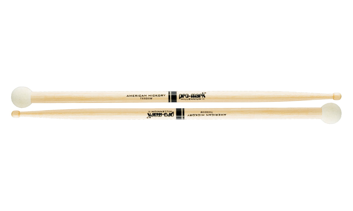 Promark TXSD5W Hickory SD5 Light Multi Percussion Stick, Wood tip, Felt Butt