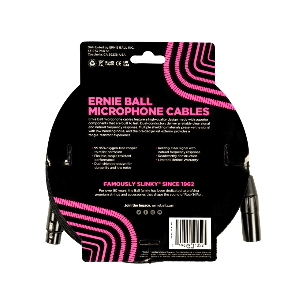 Ernie Ball Braided XLR Microphone Cable Male/Female 15ft - Black