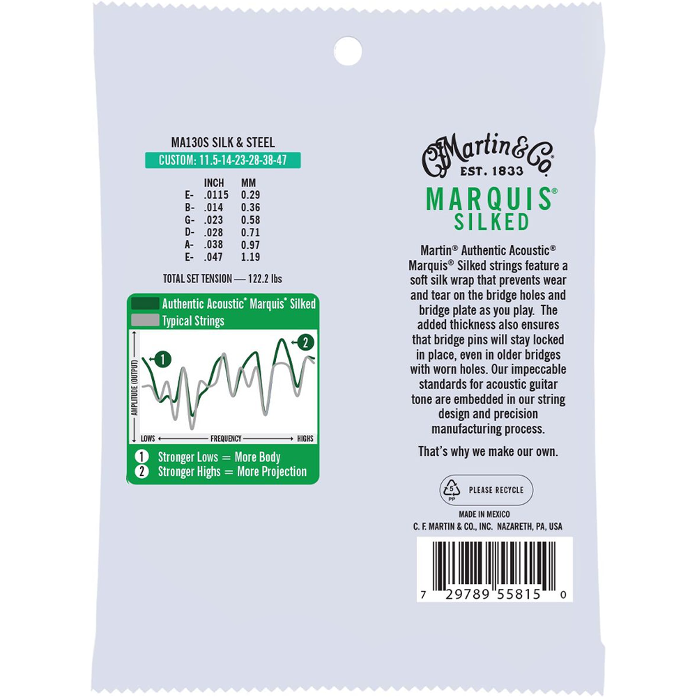 Martin MA130S Authentic Acoustic Marquis 3-Pack Silked Guitar Strings, Silk & Steel - Custom Light (11.5-47)