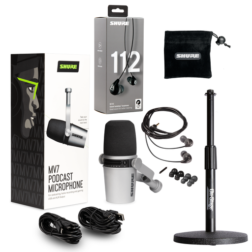 Shure MV7S with Earbuds Podcasting Bundle - Silver