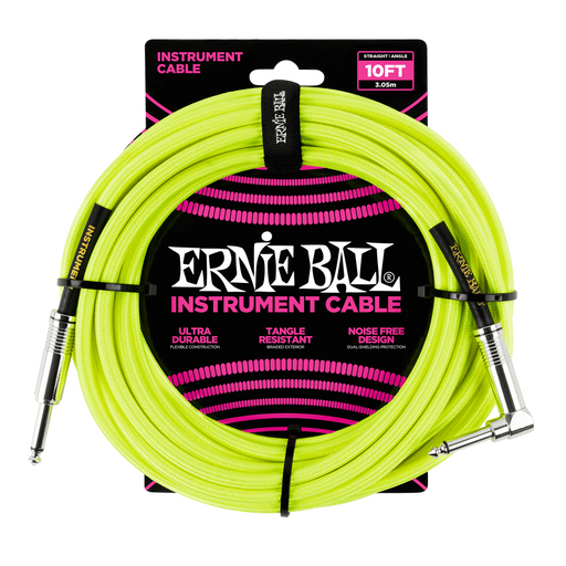 Ernie Ball P06080 Braided Straight to Right Angle Instrument Cable - 10-Foot Neon Yellow