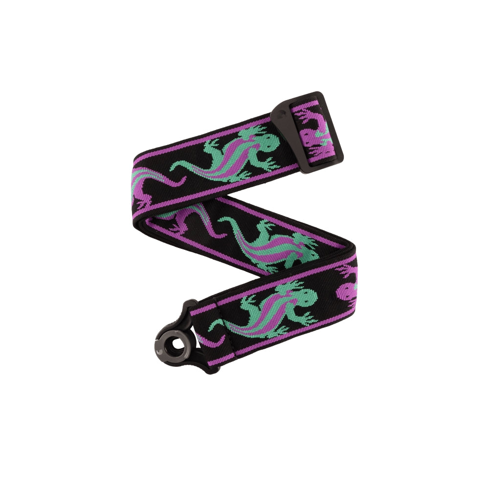 D'Addario 50BALPW01 Auto Lock Guitar Strap - Green and Purple Lizards