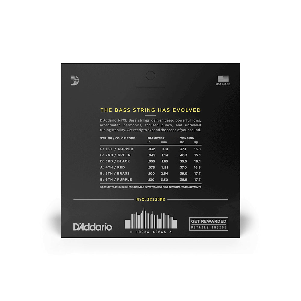 D'Addario NYXL32130MS Regular Light Multiscale 6-String Fanned Fret Bass Strings