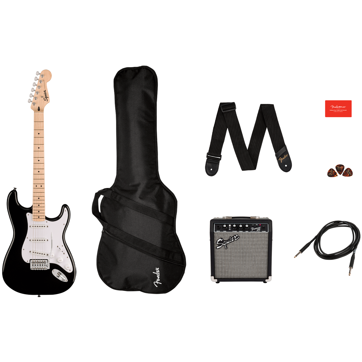 Squier Sonic Stratocaster Pack, Maple Fingerboard, Black, Gig Bag, 10G Amplifier - New