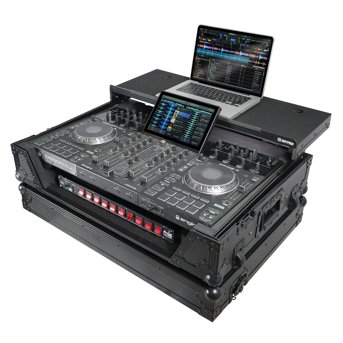 ProX XS-PRIME4WLTBL ATA Flight Case For Denon PRIME 4 G2/PRIME 4 MK2 DJ Controller with Laptop Shelf 1U Rack Space and Wheels - Black
