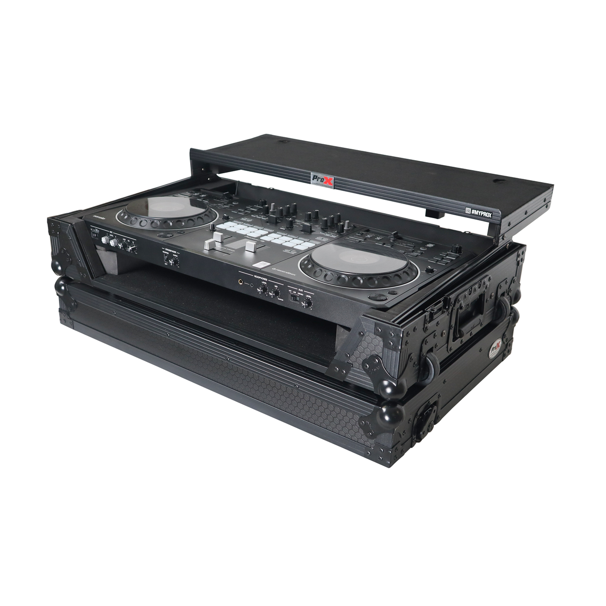 ProX XS-DDJREV5 WLTBL LED ATA Flight Style Road Case For Pioneer DDJ-REV5 DJ Controller with Laptop Shelf 1U Rack Space Wheels and LED Black Finish