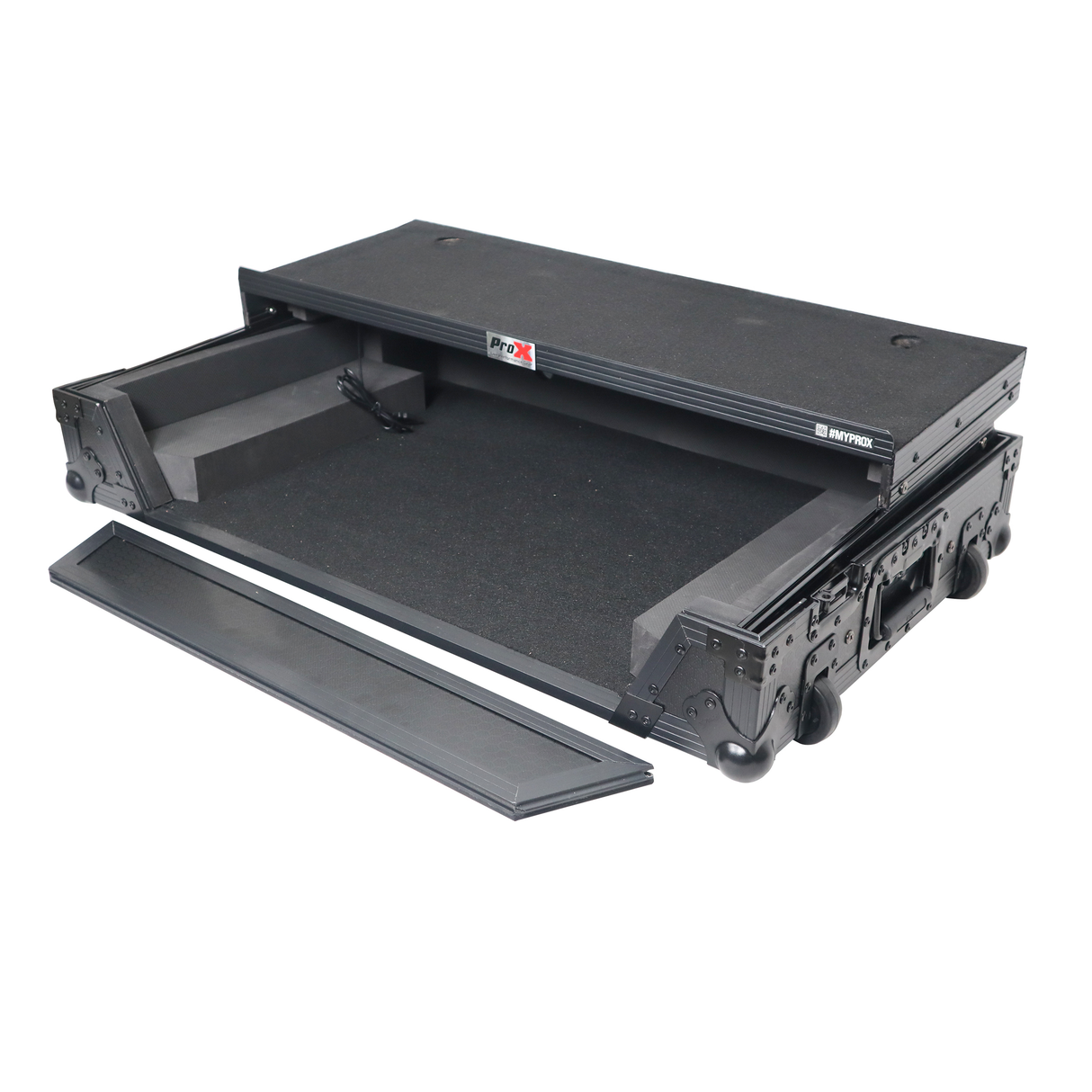 ProX XS-DDJREV5 WLTBL LED ATA Flight Style Road Case For Pioneer DDJ-REV5 DJ Controller with Laptop Shelf 1U Rack Space Wheels and LED Black Finish
