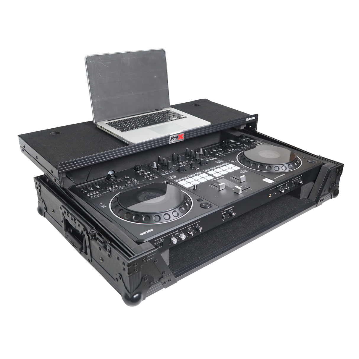ProX XS-DDJREV5 WLTBL LED ATA Flight Style Road Case For Pioneer DDJ-REV5 DJ Controller with Laptop Shelf 1U Rack Space Wheels and LED Black Finish