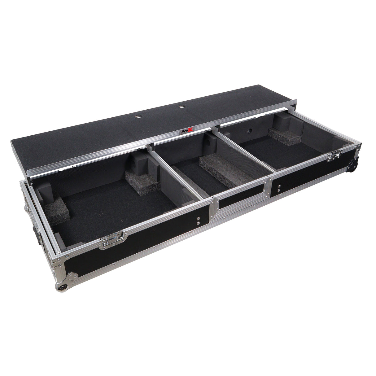 ProX XS-TMC1012WLTFSTND DJ Coffin Flight Case for (2) 1200 Style Turntables 10-inch 12-inch Mixers with Sliding Laptop Shelf and Wheels