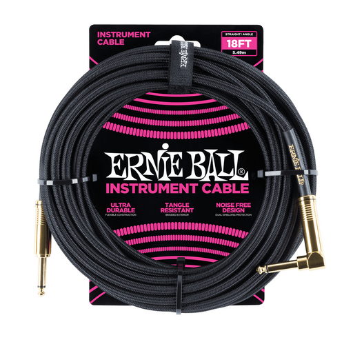 Ernie Ball P06086 Braided Straight to Right Angle Instrument Cable - 18-Foot Black with Gold Connectors