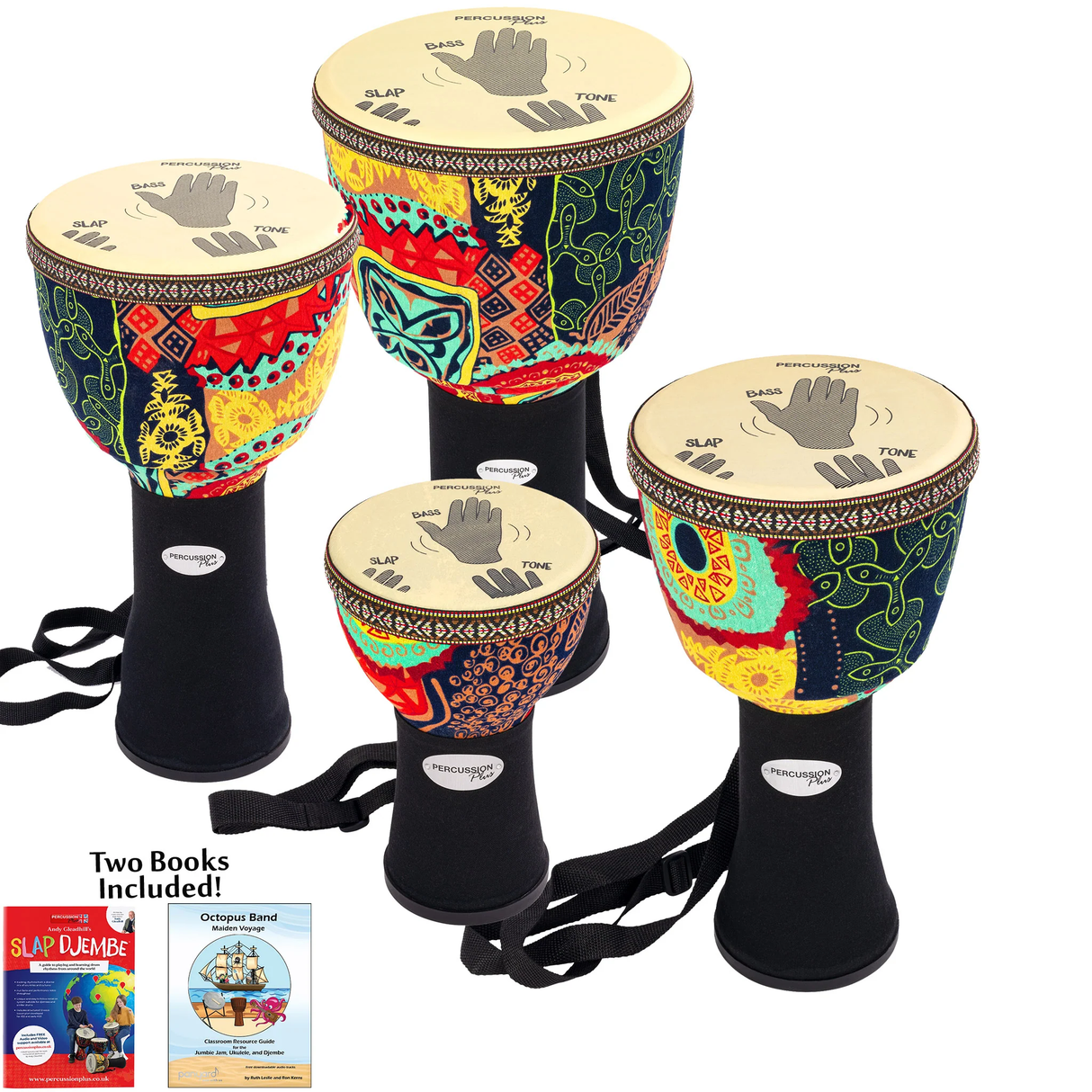 Slap Percussion Pretuned Djembe Educational 4 Pack with Guides - Mixed Sizes