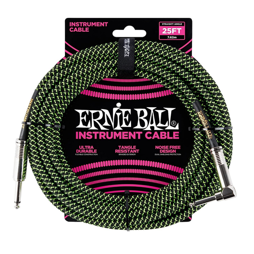 Ernie Ball 25 Foot Braided Instrument Cable - Straight to Angled, Green & Black