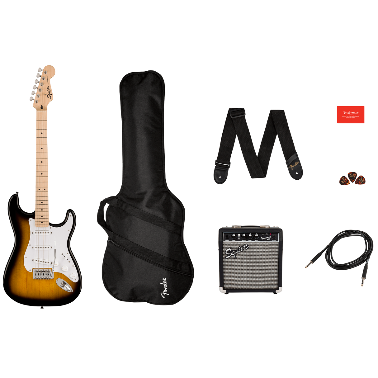 Squier Sonic Stratocaster Pack, Maple Fingerboard, 2-Color Sunburst, Gig Bag, 10G Amplifier - New
