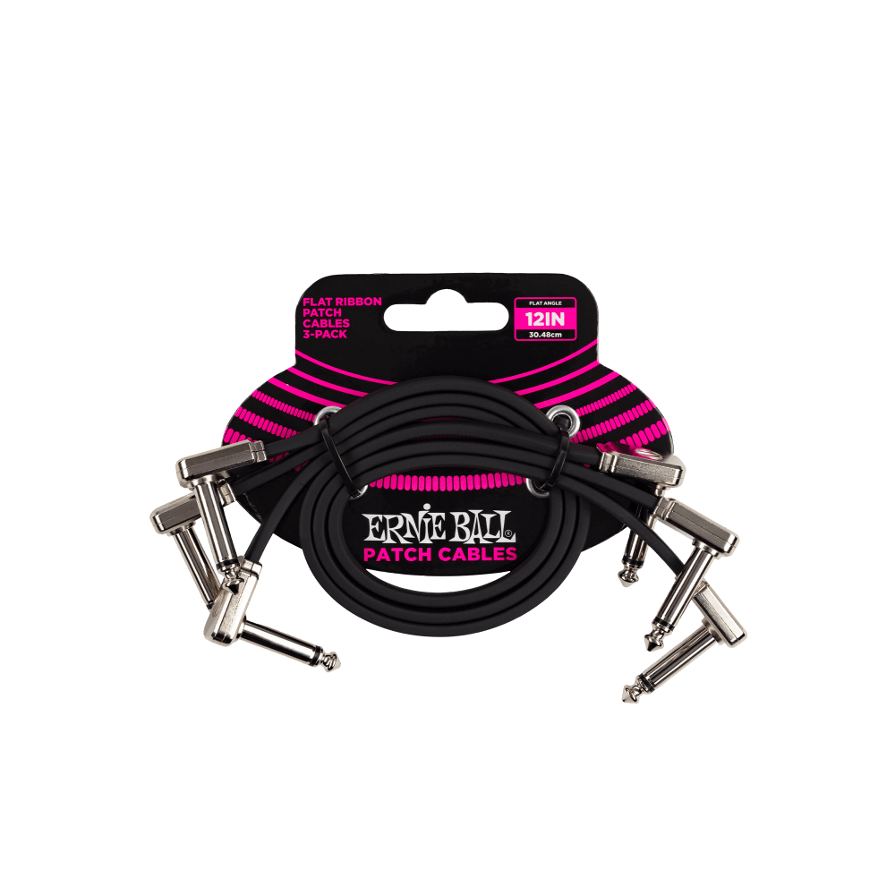 Ernie Ball P06222 Flat Ribbon Pedalboard Patch Cable - Right Angle to Right Angle - 12 inch (3-pack)