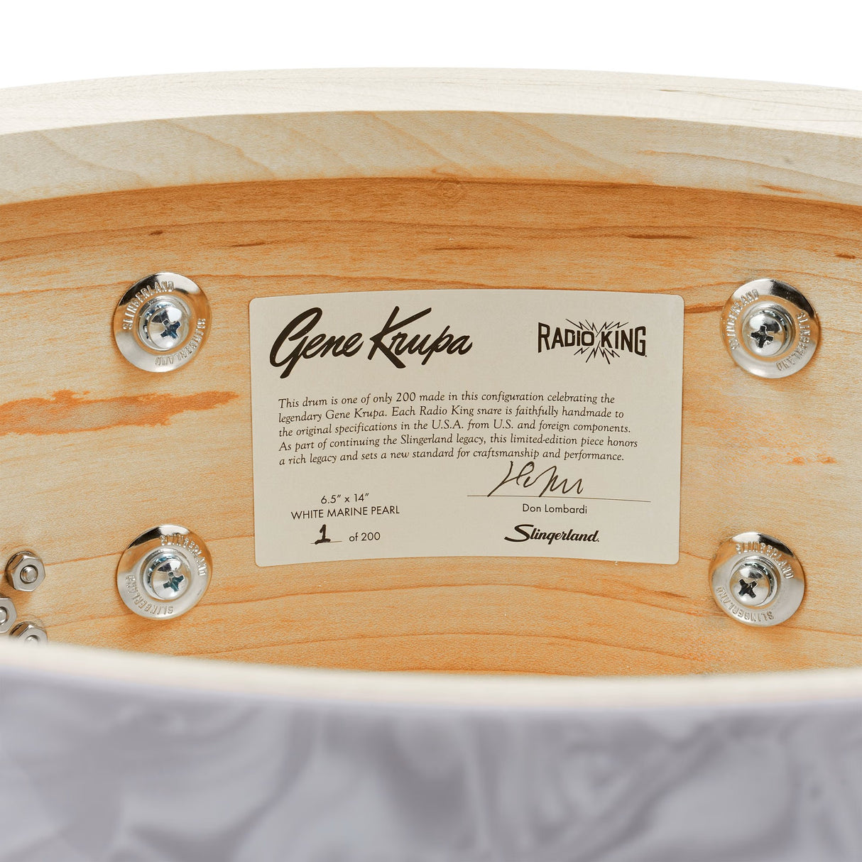 Slingerland 6.5 x 14-Inch Gene Krupa Radio King Solid Maple Snare Drum - White Marine Pearl