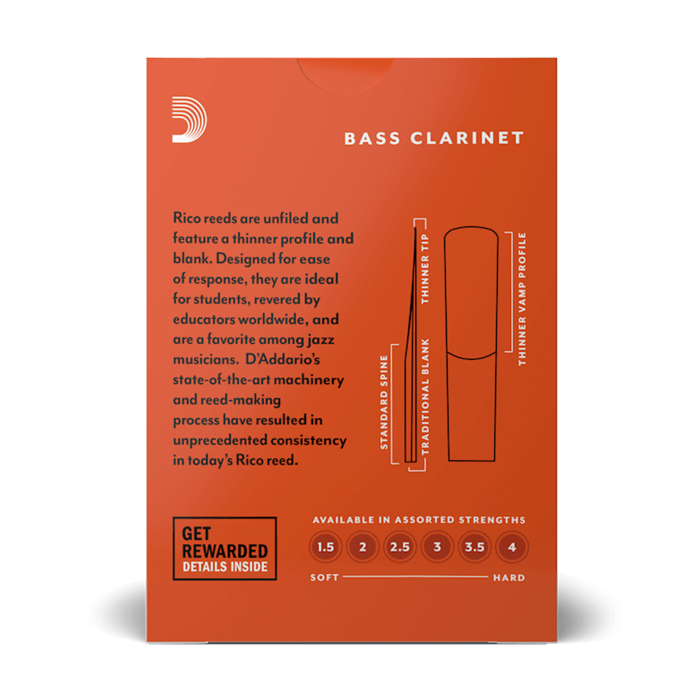 D'Addario REA10 Rico Unfiled Bass Clarinet Reed 10-Pack - New,2.5