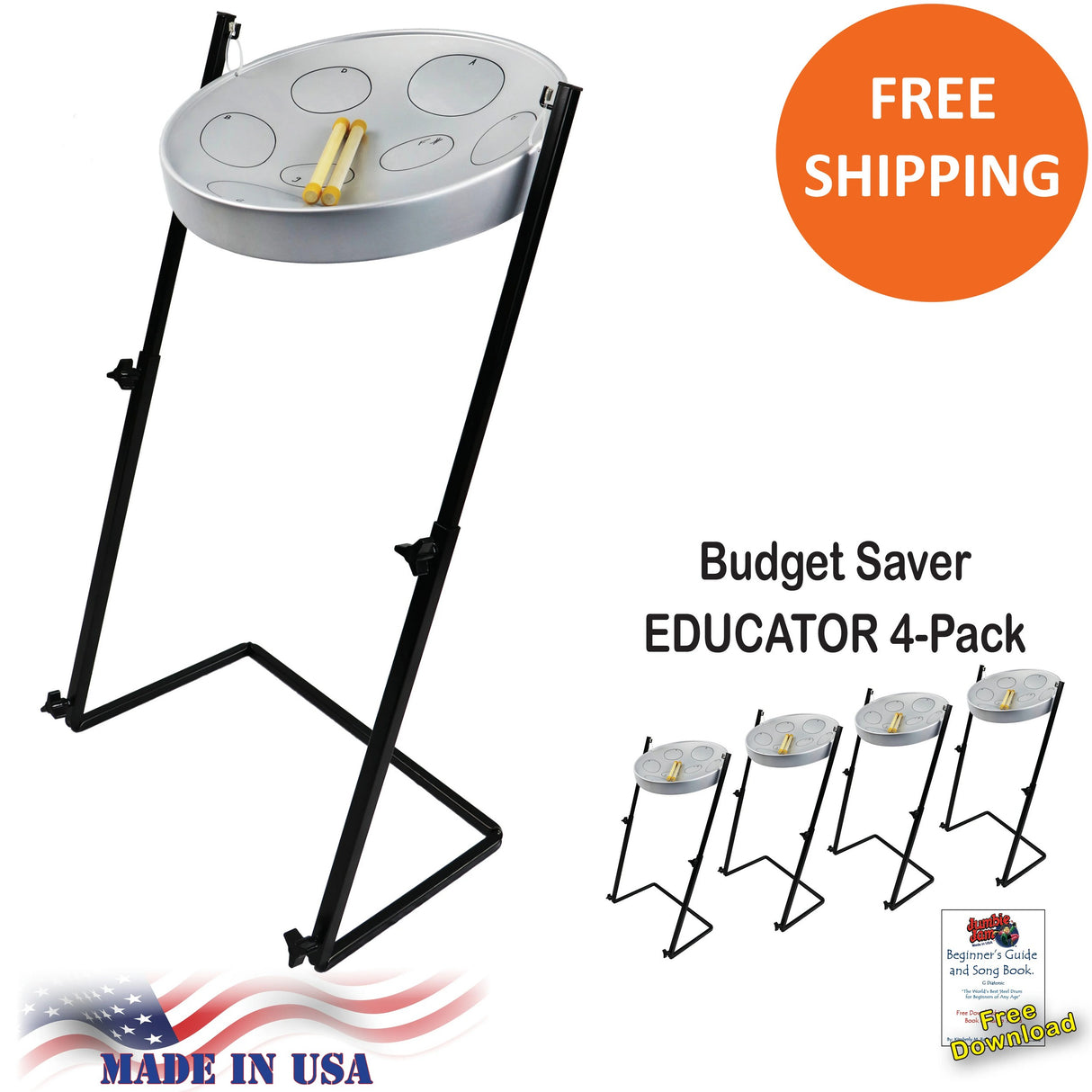 Panyard Jumbie Jam Steel Drum Educators 4-Pack - Metal Z-Floor Stands - Silver Pans
