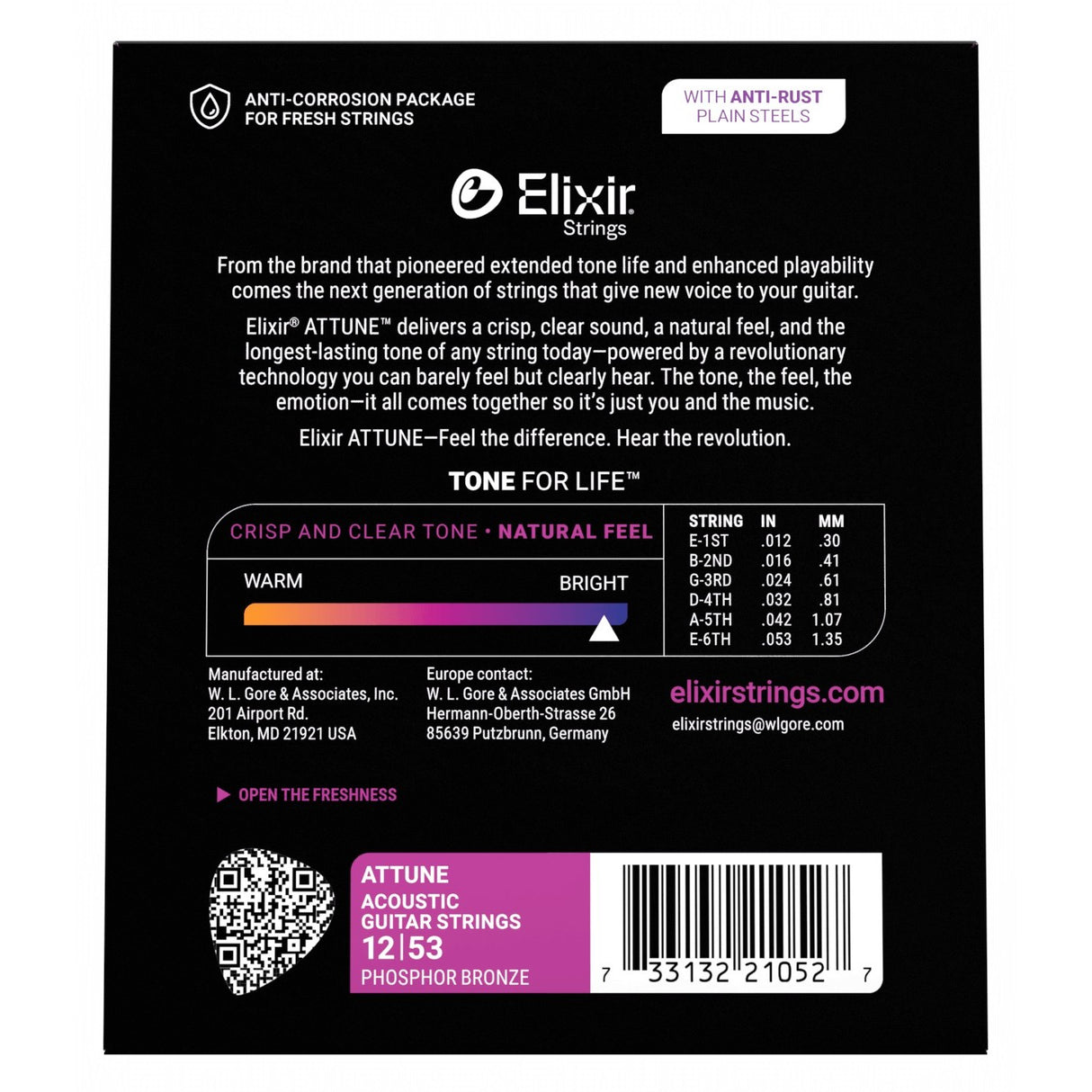 Elixir 21052 ATTUNE™ Phosphor Bronze Acoustic Guitar Strings - Light (.012-.053)
