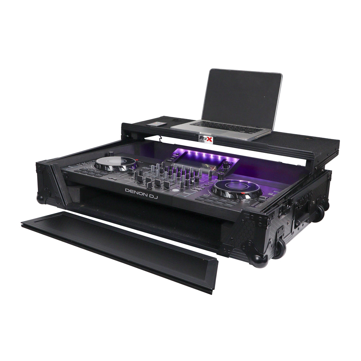 ProX XS-SCLIVE4LTBLATA Flight Style Road Case For Denon SC Live 4 Controller with Laptop Shelf RGB LED 1U Rack Space Black Finish