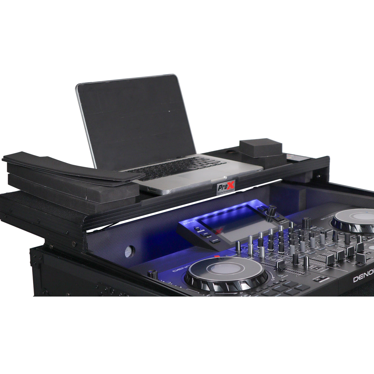 ProX XS-SCLIVE4LTBLATA Flight Style Road Case For Denon SC Live 4 Controller with Laptop Shelf RGB LED 1U Rack Space Black Finish