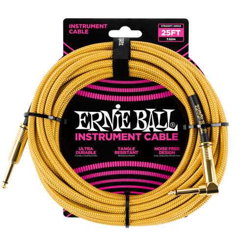 Ernie Ball P06070 Braided Straight to Right Angle Instrument Cable - 25-Foot Gold with Gold Connectors