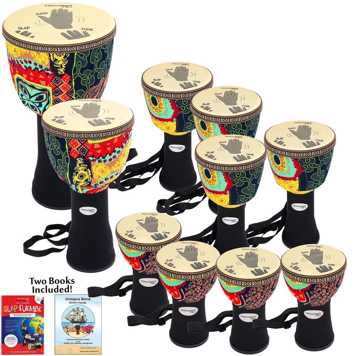 Slap Percussion Pretuned Djembe Educational 10 Pack with Guides - Mixed Sizes