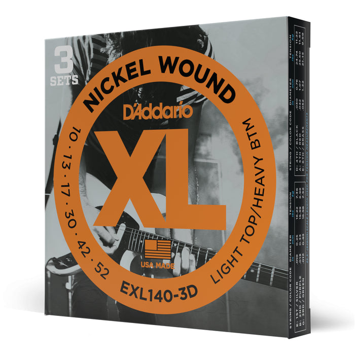 D'addario EXL140-3D Nickel Wound Electric Guitar Strings, 3 Pack - 010-.052, Light Top/Heavy Bottom Gauge - New,3-pack