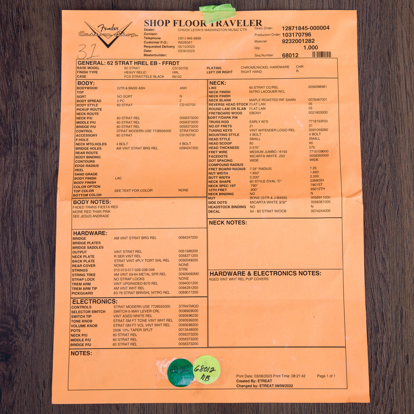 Fender Custom Shop 62 Stratocaster Heavy Relic Electric Guitar, Ebony Fingerboard - Watermelon King - CHUCKSCLUSIVE - #R129660