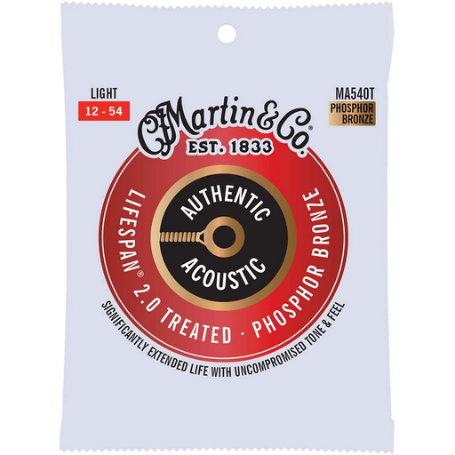 Martin Authentic Acoustic Lifespan 2.0 Treated 12-54 Acoustic Guitar Strings - MA540T Phosphor Bronze . Light