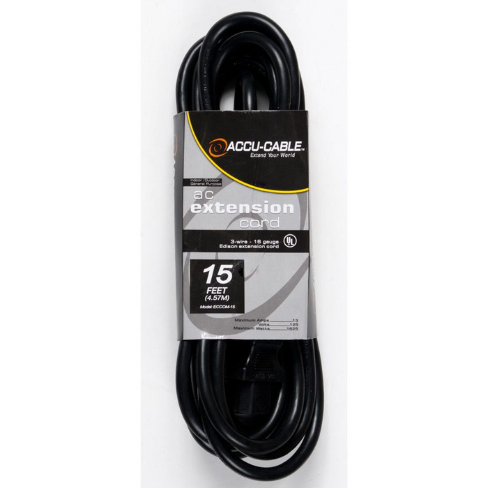 ADJ Accu-Cable ECCOM-15 IEC Male to IEC Female Black AC Extension Cord 15-foot