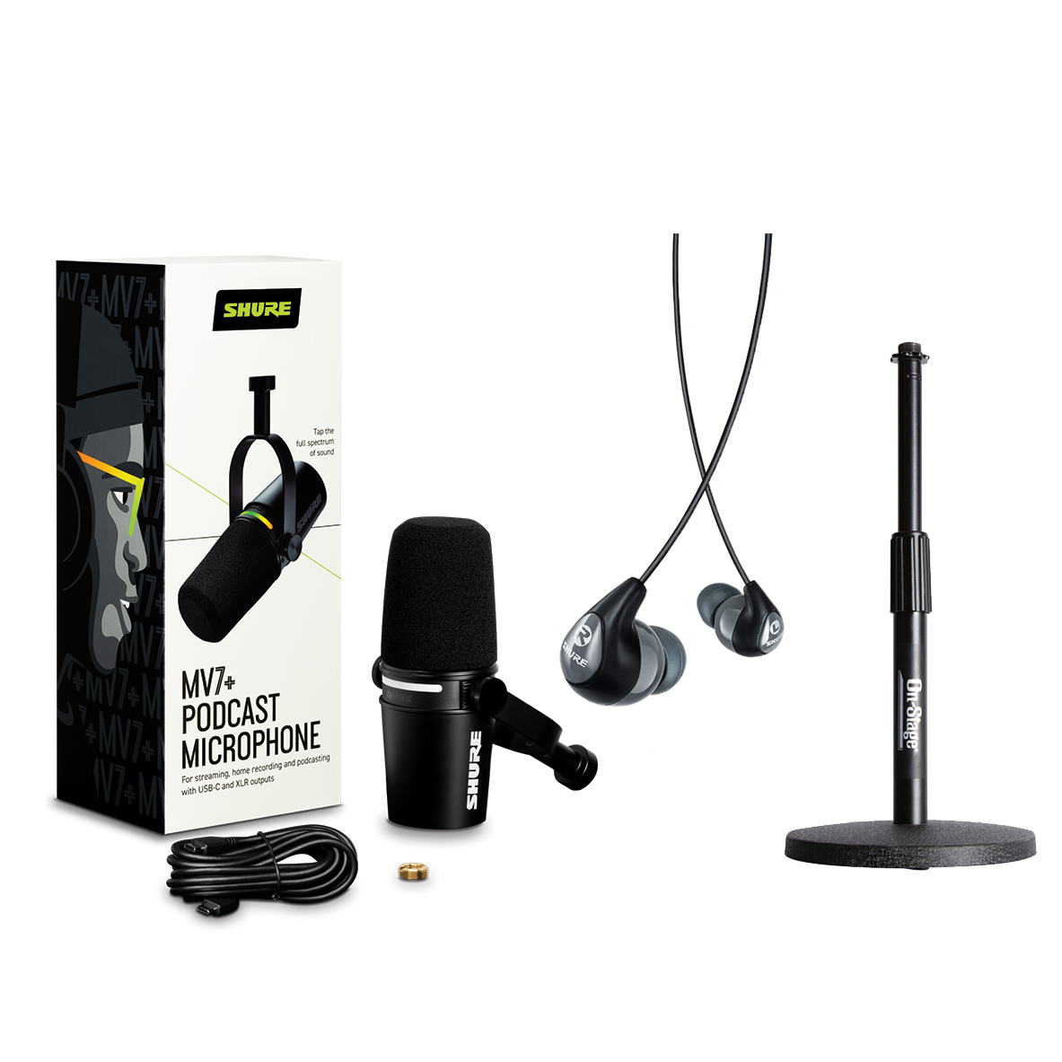 SHURE MV7+ PODCAST MICROPHONE 本体＋おまけ Shure MV7+-K with Earbuds Podcasting Bundle - Black – Chuck