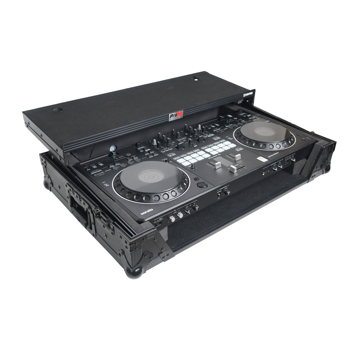 ProX XS-DDJREV5 WLTBL LED ATA Flight Style Road Case For Pioneer DDJ-REV5 DJ Controller with Laptop Shelf 1U Rack Space Wheels and LED Black Finish