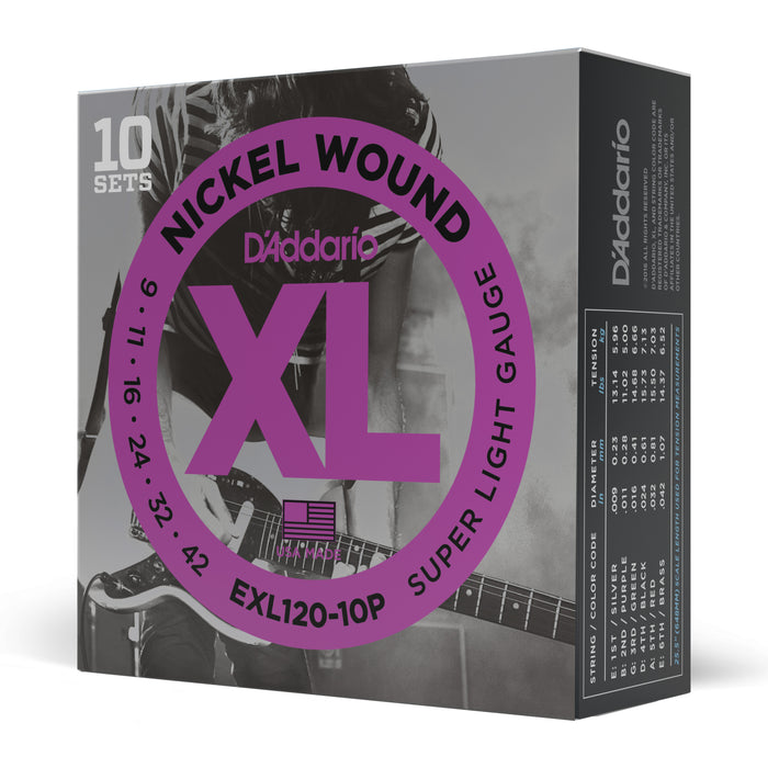 D'addario EXL120-10P Nickel Wound Electric Guitar Strings, 10 Pack - .009-.042, Super Light Gauge - New,10-pack