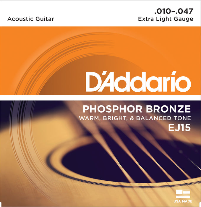 D'addario EJ15 Phosphor Bronze Acoustic Guitar Strings, Extra Light, 17441