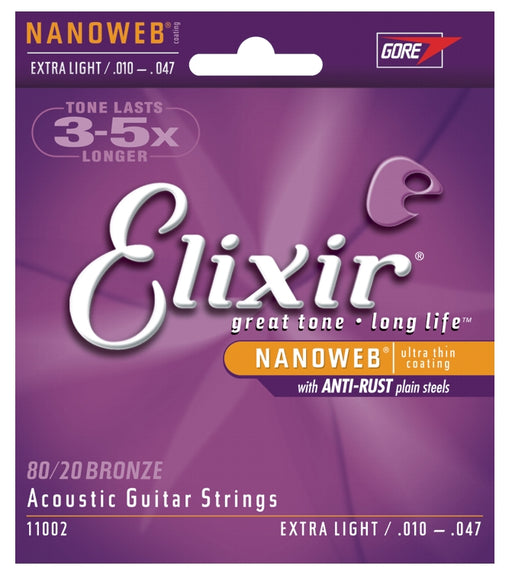 Elixir 11002 80/20 Bronze Nanoweb Coated Acoustic Guitar Strings, Medium (13-56)