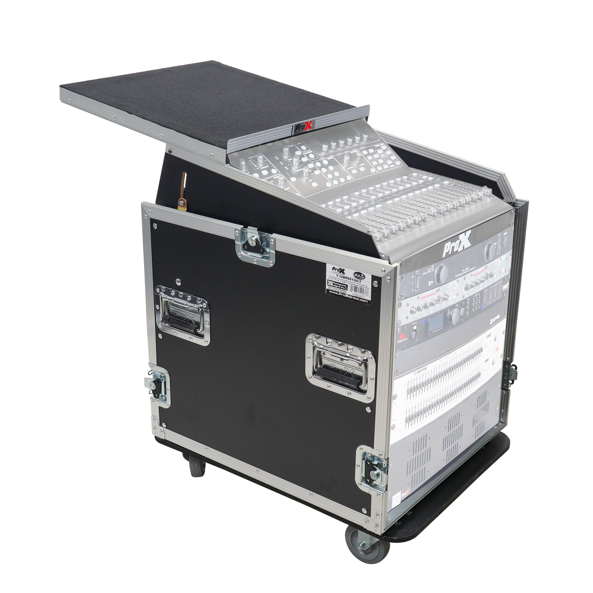 ProX T-12MRSS13ULT 13U Top 12U Front Rack Combo Flight Case with Laptop Shelf and Casters