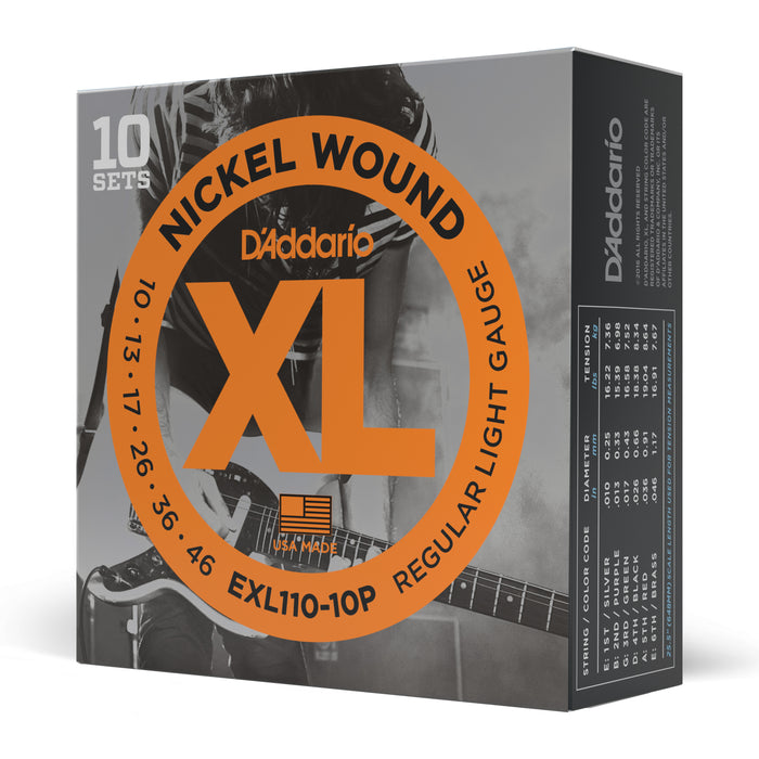 D'Addario EXL110 Nickel Wound Electric Guitar Strings - 010-.046, Regular Light Gauge - New,10-pack