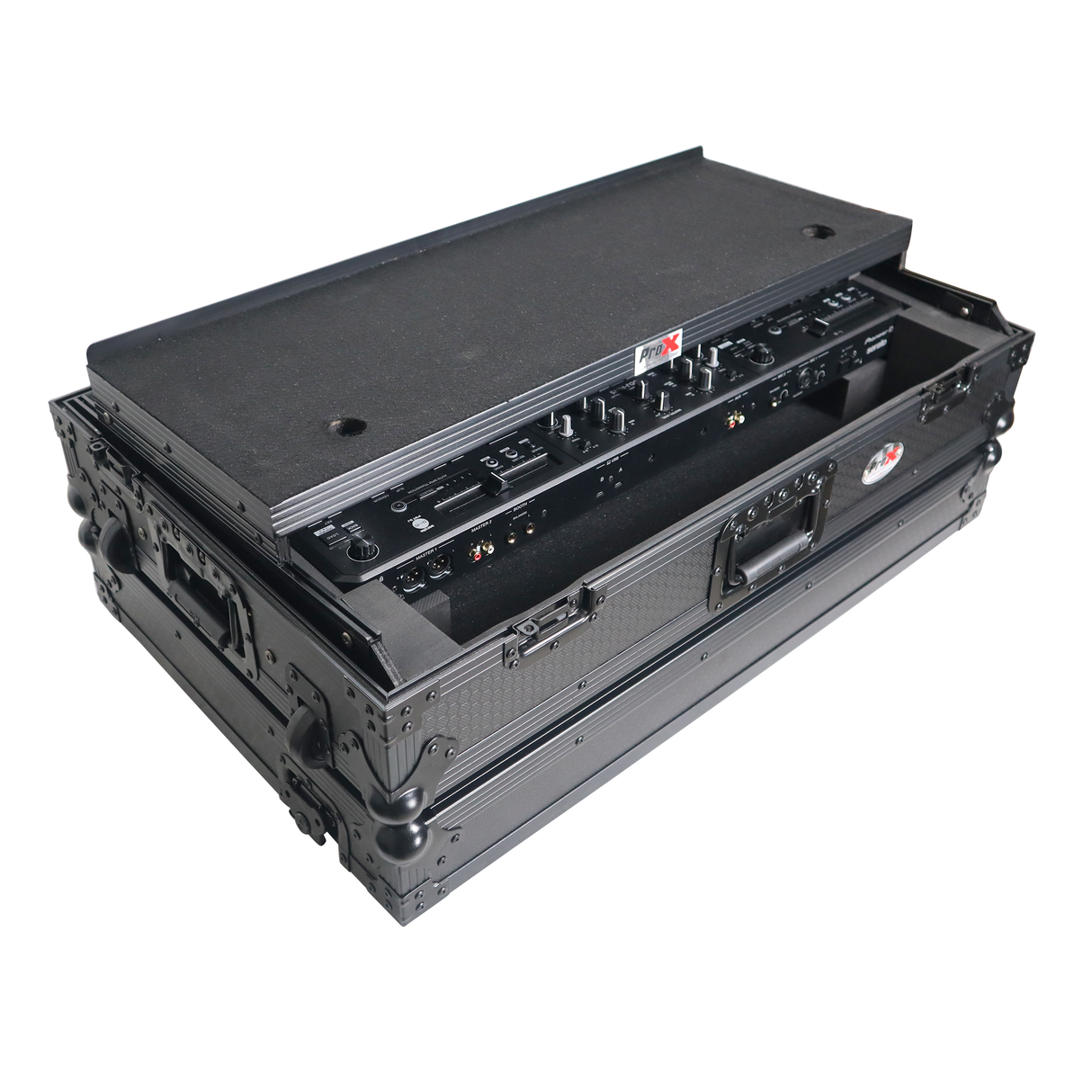 ProX XS-DDJREV5 WLTBL LED ATA Flight Style Road Case For Pioneer DDJ-REV5 DJ Controller with Laptop Shelf 1U Rack Space Wheels and LED Black Finish