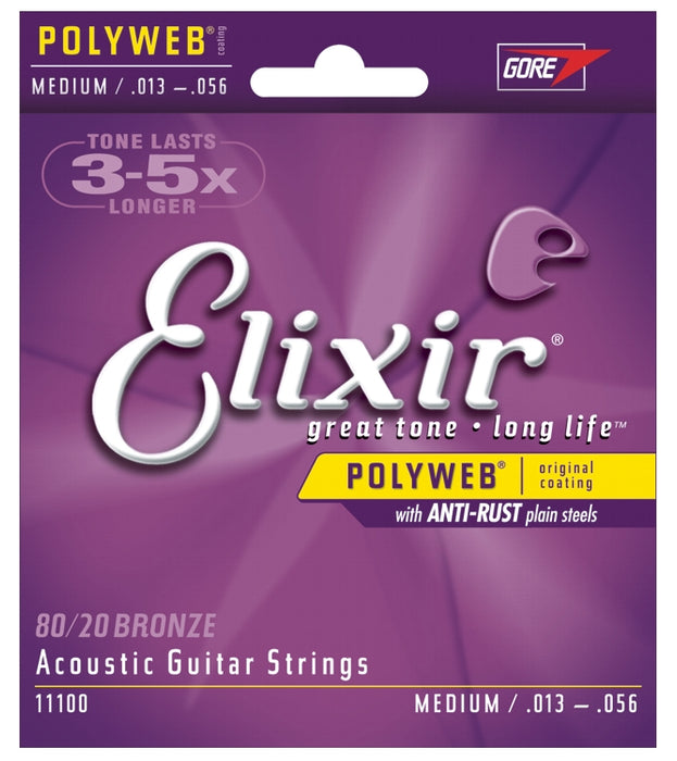 Elixir 11100 80/20 Bronze Polyweb Coated Acoustic Guitar Strings, Medium (13 - 56)