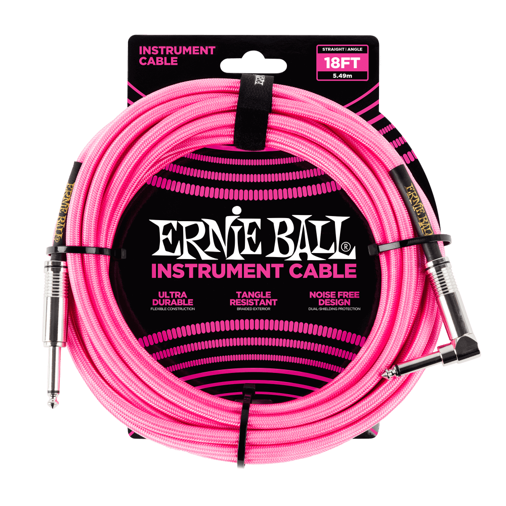 Ernie Ball P06083 Braided Straight to Right Angle Instrument Cable - 18-Foot Neon Pink