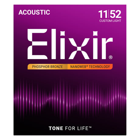 Elixir 16027 Phosphor Bronze Nanoweb Coated Acoustic Guitar Strings, Custom Light (11 - 52)