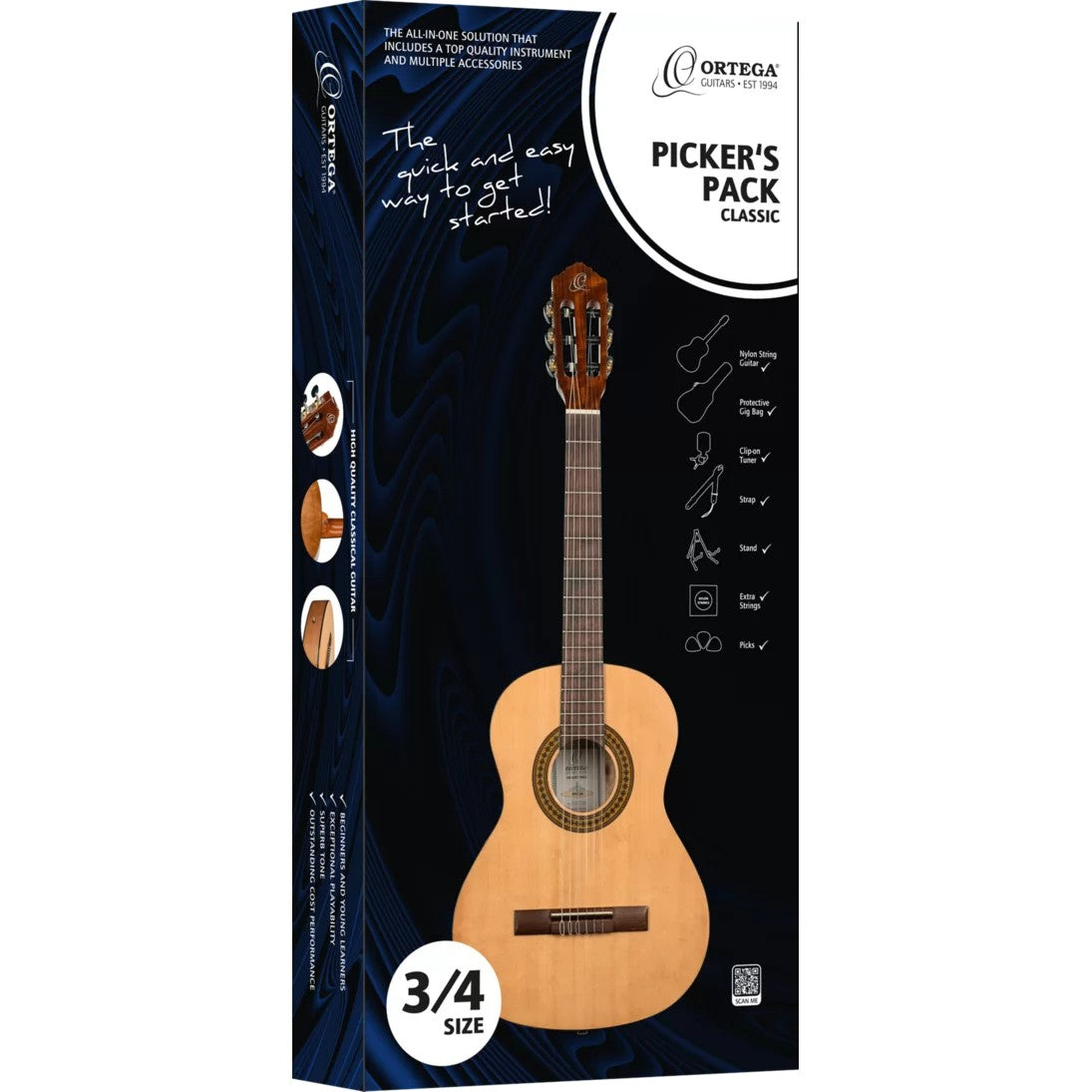 Ortega Students Series Picker's Pack 3/4 Size Nylong String Acoustic Guitar Pack