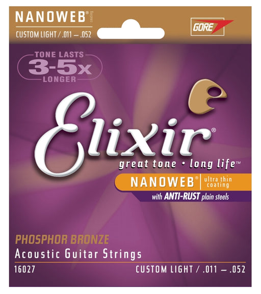 Elixir 16027 Phosphor Bronze Nanoweb Coated Acoustic Guitar Strings, Custom Light (11 - 52)