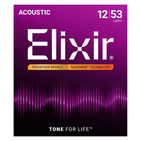 Elixir 16052 Phosphor Bronze Nanoweb Coated Acoustic Guitar Strings, Light (12 - 53)